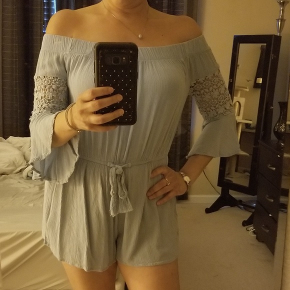 hint of blush Pants - Off shoulder crochet flutter sleeve romper